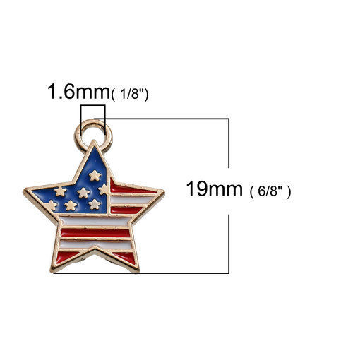 Picture of Zinc Based Alloy Charms Pentagram Star Gold Plated Flag of the United States Multicolor Enamel 19mm( 6/8") x 16mm( 5/8"), 5 PCs