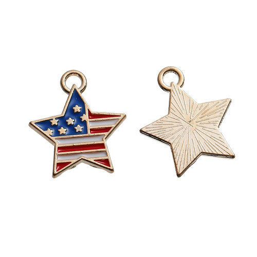 Picture of Zinc Based Alloy Charms Pentagram Star Gold Plated Flag of the United States Multicolor Enamel 19mm( 6/8") x 16mm( 5/8"), 5 PCs