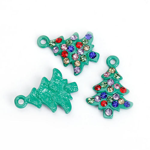 Image de Breloque en Alliage de Zinc Pin de Noël Vert à Strass Coloré 23mm x 17mm, 2 Pcs