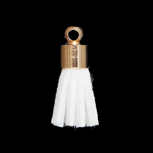 Picture of Velvet Faux Suede Tassel Pendants Gold Plated White About 17mm( 5/8") long, 10 PCs