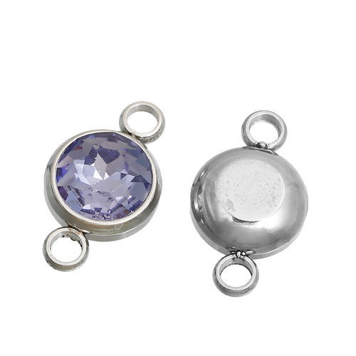 Picture of 304 Stainless Steel June Birthstone Connectors Round Silver Tone Purple Rhinestone 18mm( 6/8") x 10mm( 3/8"), 2 PCs