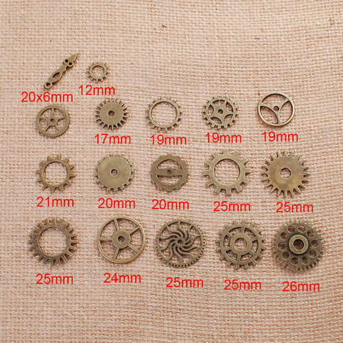 Picture of Zinc Based Alloy Steampunk Charms Gear Antique Bronze Mixed Hollow 26mm x26mm(1" x1") - 12mm x12mm( 4/8" x 4/8"), 1 Set(17 Pieces/Set)