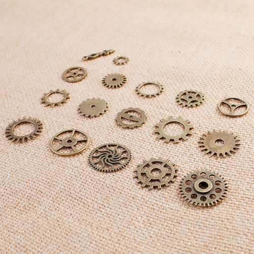Picture of Zinc Based Alloy Steampunk Charms Gear Antique Bronze Mixed Hollow 26mm x26mm(1" x1") - 12mm x12mm( 4/8" x 4/8"), 1 Set(17 Pieces/Set)