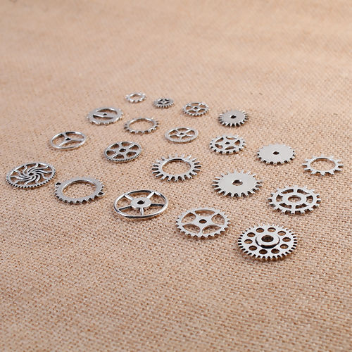 Picture of Zinc Based Alloy Steampunk Charms Gear Antique Silver Color Mixed Hollow 26mm x26mm(1" x1") - 12mm x12mm( 4/8" x 4/8"), 1 Set(20 Pieces/Set)