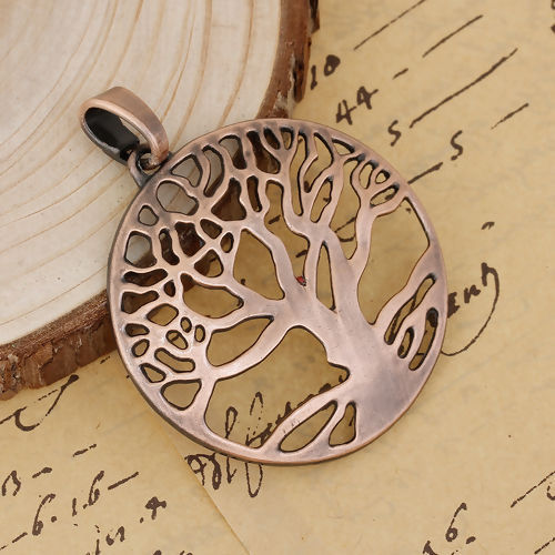 Picture of Zinc Based Alloy Pendants Round Antique Copper Tree Hollow 71mm(2 6/8") x 57mm(2 2/8"), 1 Piece