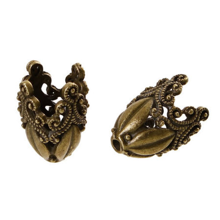 Immagine di Lega di Zinco Coppette Copriperla Fiore Bronzo Antico Filigrana Disegno (Addetti 14mm Perline) 29mm x19mm, 2 Pz