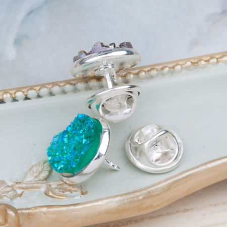 Image de Pince à Cravate Druzy en Résine Rond Argenté Vert Couleur AB 14mm Dia., 1 Pièce