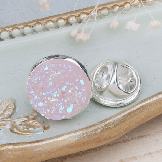 Picture of Resin Druzy /Drusy Tie Tac Lapel Pin Brooches Round Silver Plated Green AB Color 14mm( 4/8") Dia., 1 Piece