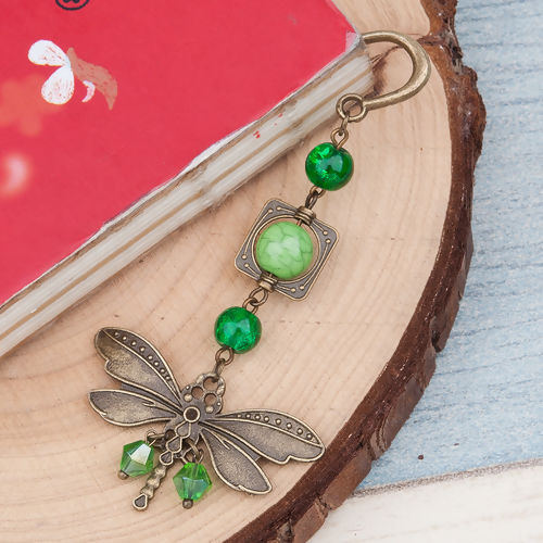 Picture of Acrylic Bookmark Dragonfly Animal Antique Bronze Green Imitation Turquoise Feather 11.6cm(4 5/8") x 6.3cm(2 4/8"), 1 Piece