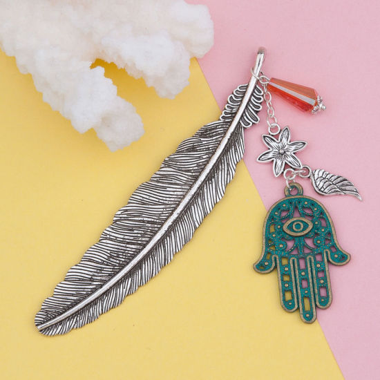 Picture of Acrylic Bookmark Dragonfly Animal Antique Bronze Green Imitation Turquoise Feather 11.6cm(4 5/8") x 6.3cm(2 4/8"), 1 Piece