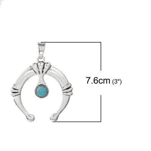 Picture of Zinc Based Alloy Boho Chic Pendants Luck Horseshoe Antique Silver Color Blue Imitation Turquoise 76mm(3") x 58mm(2 2/8"), 1 Piece