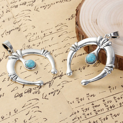 Picture of Zinc Based Alloy Boho Chic Pendants Luck Horseshoe Antique Silver Color Blue Imitation Turquoise 76mm(3") x 58mm(2 2/8"), 1 Piece