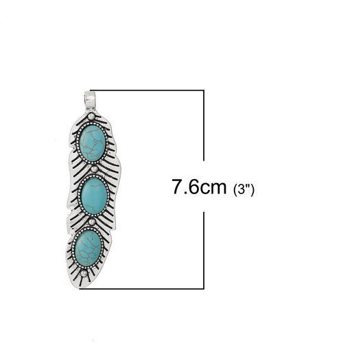 Immagine di Lega di Zinco Stile Bohemien Ciondoli Foglia Argento Antico Blu Turchese Imitato 76mm x 20mm , 1 Pz