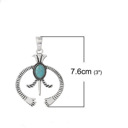 Picture of Zinc Based Alloy Boho Chic Pendants Luck Horseshoe Antique Silver Color Blue Imitation Turquoise 76mm(3") x 52mm(2"), 1 Piece