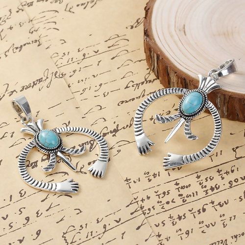 Picture of Zinc Based Alloy Boho Chic Pendants Luck Horseshoe Antique Silver Color Blue Imitation Turquoise 76mm(3") x 52mm(2"), 1 Piece