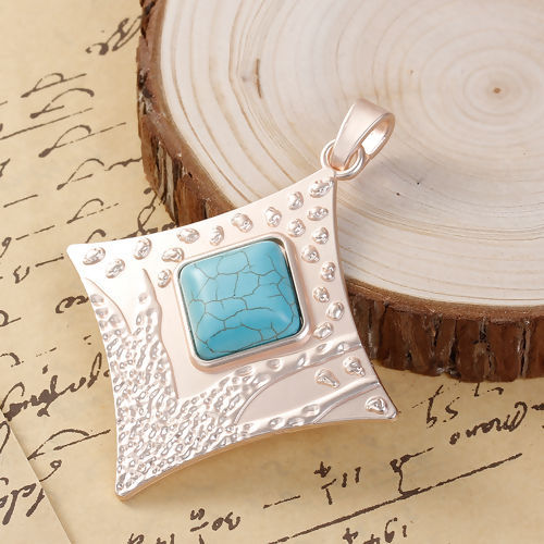 Picture of Zinc Based Alloy Boho Chic Pendants Rhombus Light Golden Blue 93mm(3 5/8") x 75mm(3"), 1 Piece