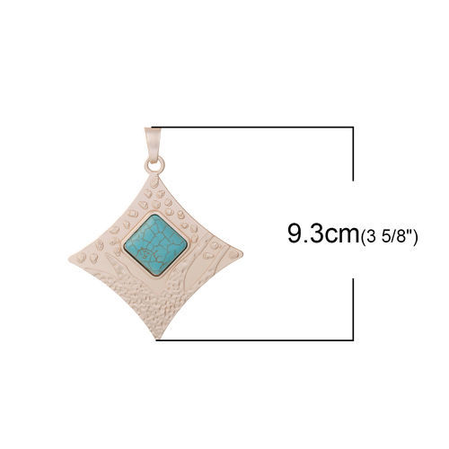 Picture of Zinc Based Alloy Boho Chic Pendants Rhombus Light Golden Blue 93mm(3 5/8") x 75mm(3"), 1 Piece