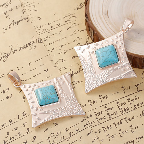 Picture of Zinc Based Alloy Boho Chic Pendants Rhombus Light Golden Blue 93mm(3 5/8") x 75mm(3"), 1 Piece