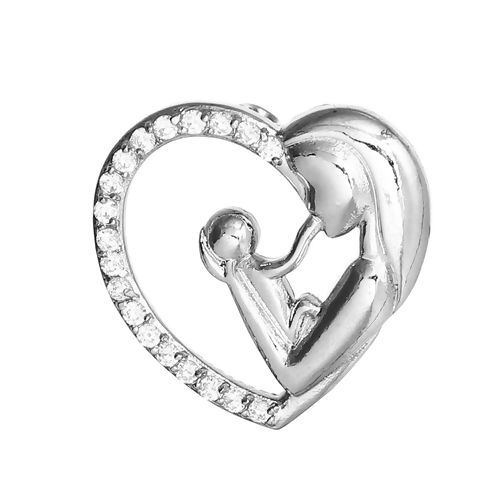 Picture of Brass Charms Mother And Child Silver Tone Heart Hollow 25mm(1") x 24mm(1"), 1 Piece                                                                                                                                                                           