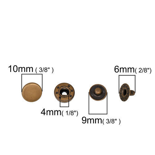 Imagen de Latón Metal Botón Snap Fasteners Ronda Tono Bronce 10x6mm 10x4mm 9x6mm 9x3mm, 20 Juegos(4 Unidades/Juego)