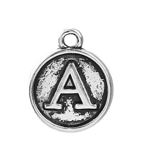 Picture of Zinc Based Alloy Charms Round Disc Antique Silver Color Initial Alphabet/ Letter " A " 14mm( 4/8") x 12mm( 4/8"), 10 PCs