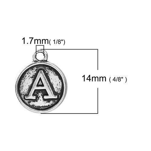 Picture of Zinc Based Alloy Charms Round Disc Antique Silver Color Initial Alphabet/ Letter " A " 14mm( 4/8") x 12mm( 4/8"), 10 PCs