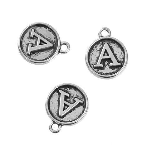 Picture of Zinc Based Alloy Charms Round Disc Antique Silver Color Initial Alphabet/ Letter " A " 14mm( 4/8") x 12mm( 4/8"), 10 PCs