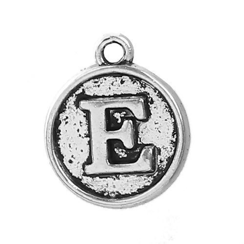 Image de Breloque en Alliage de Zinc Rond Argent Vieilli Alphabet/ Lettre " E " 14mm x 12mm, 10 Pcs