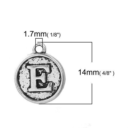 Image de Breloque en Alliage de Zinc Rond Argent Vieilli Alphabet/ Lettre " E " 14mm x 12mm, 10 Pcs