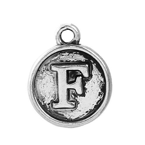 亜鉛合金 チャーム 円形 銀古美 アルファベット " F" 14mmx 12mm、 10 個 の画像