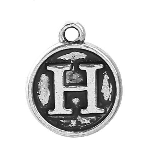 Image de Breloque en Alliage de Zinc Rond Argent Vieilli Alphabet/ Lettre " H " 14mm x 12mm, 10 Pcs