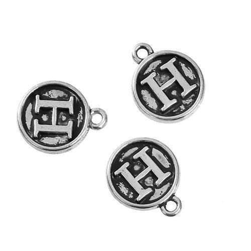 Image de Breloque en Alliage de Zinc Rond Argent Vieilli Alphabet/ Lettre " H " 14mm x 12mm, 10 Pcs