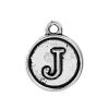 Picture of Zinc Based Alloy Charms Round Disc Antique Silver Color Initial Alphabet/ Letter " J " 14mm( 4/8") x 12mm( 4/8"), 10 PCs