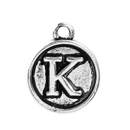 Zinc Based Alloy Charms Round Disc Antique Silver Color Initial Alphabet/ Letter " K " 14mm( 4/8") x 12mm( 4/8"), 10 PCs