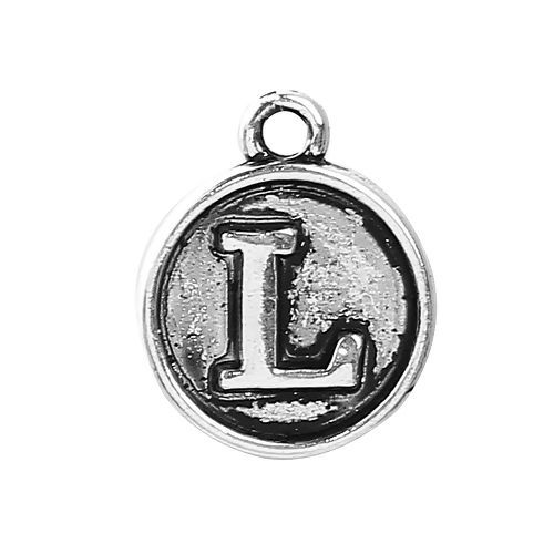 Image de Breloque en Alliage de Zinc Rond Argent Vieilli Alphabet/ Lettre " L " 14mm x 12mm, 10 Pcs