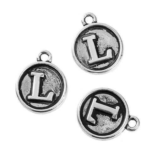 Image de Breloque en Alliage de Zinc Rond Argent Vieilli Alphabet/ Lettre " L " 14mm x 12mm, 10 Pcs
