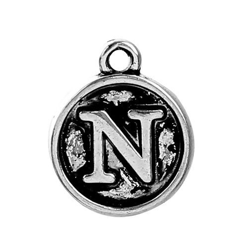 Image de Breloque en Alliage de Zinc Rond Argent Vieilli Alphabet/ Lettre " N " 14mm x 12mm, 10 Pcs