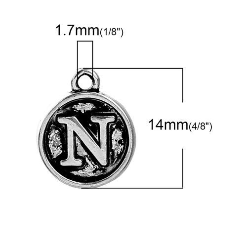 Image de Breloque en Alliage de Zinc Rond Argent Vieilli Alphabet/ Lettre " N " 14mm x 12mm, 10 Pcs