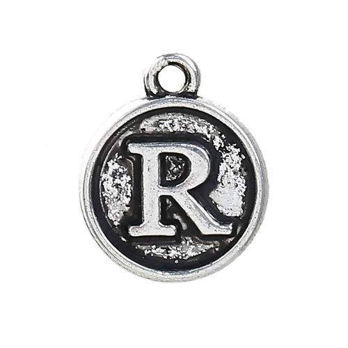 Picture of Zinc Based Alloy Charms Round Antique Silver Color Initial Alphabet/ Letter " R " 14mm( 4/8") x 12mm( 4/8"), 10 PCs