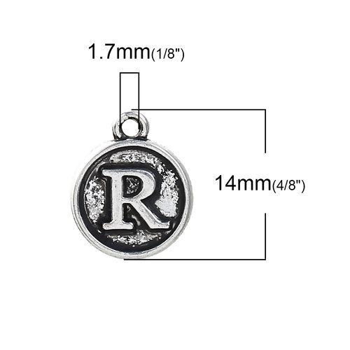 Picture of Zinc Based Alloy Charms Round Antique Silver Color Initial Alphabet/ Letter " R " 14mm( 4/8") x 12mm( 4/8"), 10 PCs