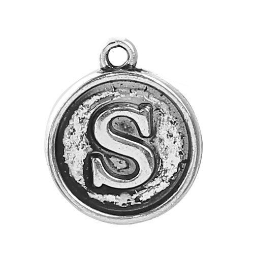 Picture of Zinc Based Alloy Charms Round Disc Antique Silver Color Initial Alphabet/ Letter " S " 14mm( 4/8") x 12mm( 4/8"), 10 PCs