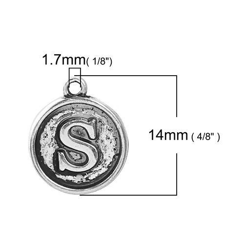Picture of Zinc Based Alloy Charms Round Disc Antique Silver Color Initial Alphabet/ Letter " S " 14mm( 4/8") x 12mm( 4/8"), 10 PCs