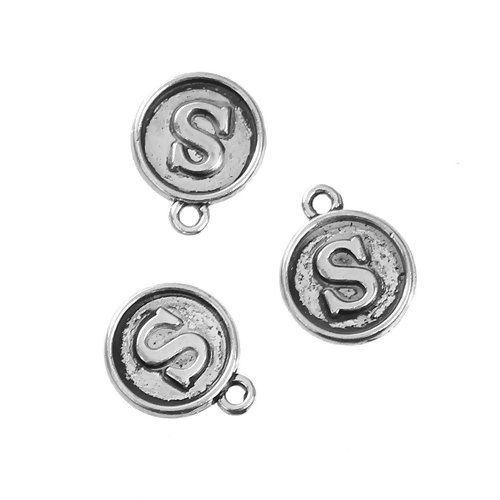 Picture of Zinc Based Alloy Charms Round Disc Antique Silver Color Initial Alphabet/ Letter " S " 14mm( 4/8") x 12mm( 4/8"), 10 PCs