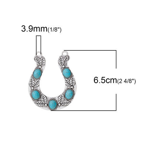 Image de Pendentif au Style Bohème en Alliage de Zinc Empreintes de Cheval Feuille Argent Vieilli Turquoise Imitation Bleu 65mm x 52mm, 1 Pièce
