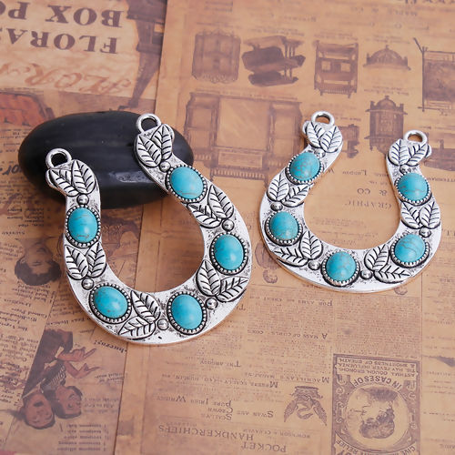 Image de Pendentif au Style Bohème en Alliage de Zinc Empreintes de Cheval Feuille Argent Vieilli Turquoise Imitation Bleu 65mm x 52mm, 1 Pièce