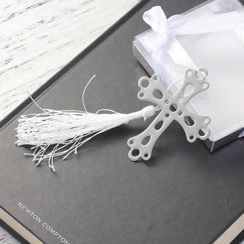Picture of Bookmark Cross Silver Tone White Tassel Hollow 70mm(2 6/8") x 60mm(2 3/8"), 1 Piece