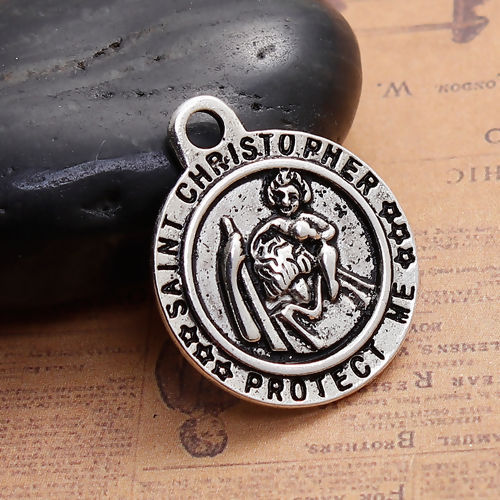 Image de Breloque en Alliage de Zinc Rond Saint Christophe Argent Vieilli Gravé Mots " PROTECT ME " 29mm x 24mm, 5 Pcs