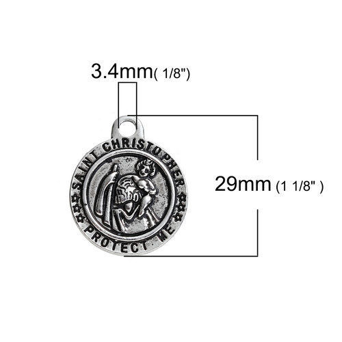 Image de Breloque en Alliage de Zinc Rond Saint Christophe Argent Vieilli Gravé Mots " PROTECT ME " 29mm x 24mm, 5 Pcs