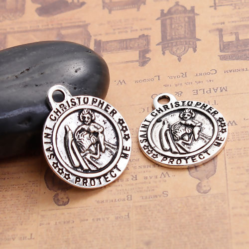 Image de Breloque en Alliage de Zinc Rond Saint Christophe Argent Vieilli Gravé Mots " PROTECT ME " 29mm x 24mm, 5 Pcs