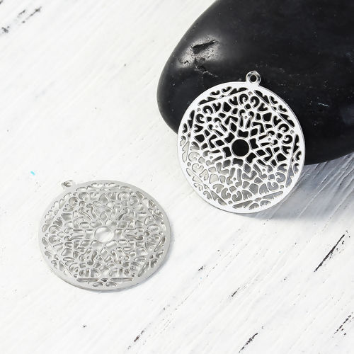 Picture of 304 Stainless Steel Buddhism Mandala Charms Round Silver Tone Filigree 22mm( 7/8") x 20mm( 6/8"), 10 PCs